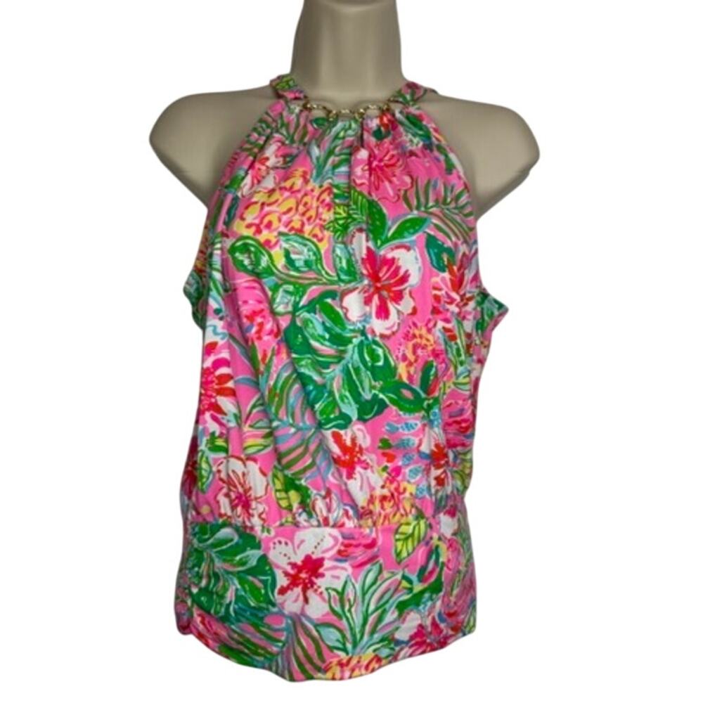 461. Lilly Pulitzer Tropical Floral Halter Tank Top Size S